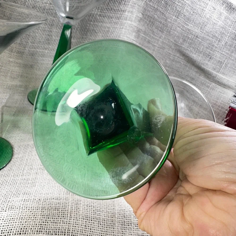 Bombay Emerald Green Twisted Pyramid Stem Martini Glasses Set of 3 Vintage